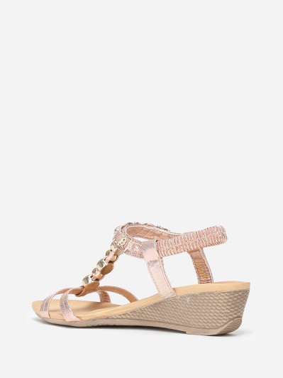 Sandales compensées rose doré à perles dorées