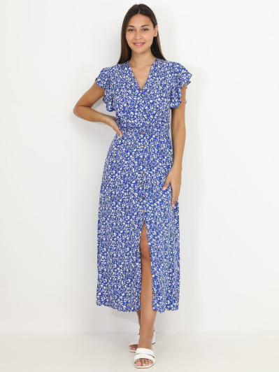 Robe longue fendue bleue à fleurs et volants