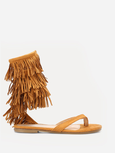 Nu-pieds camel en suédine avec franges