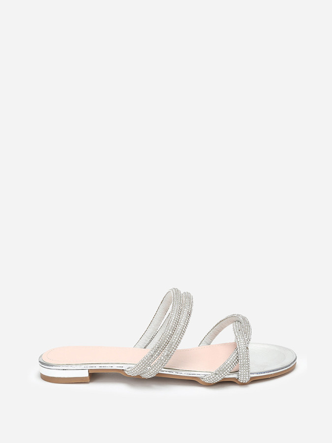 Mules plates argentées à multi-brides en strass