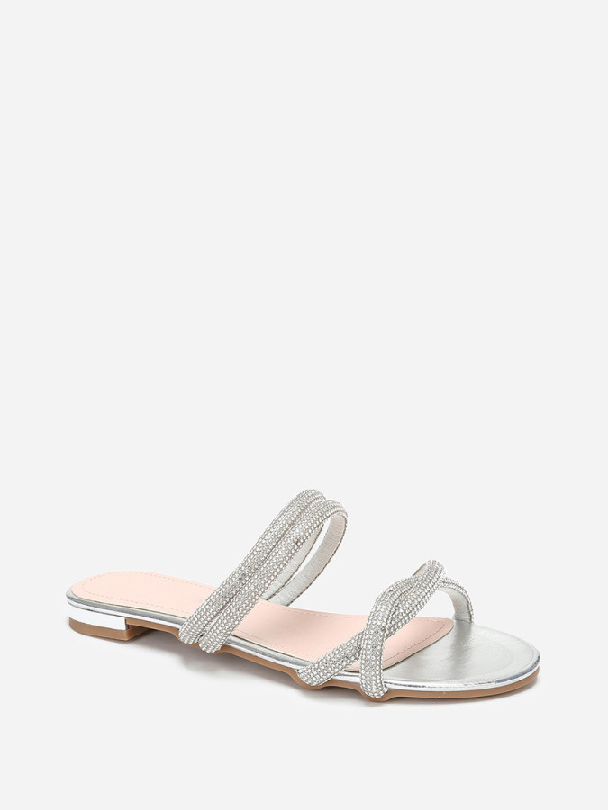 Mules plates argentées à multi-brides en strass