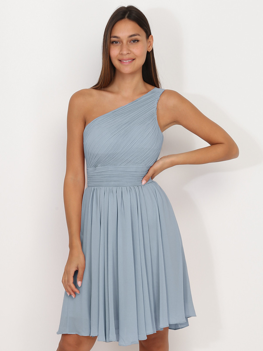 Robe asymétrique bleu ciel drapée