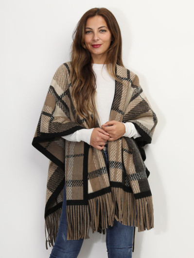 Poncho à franges motif tartan