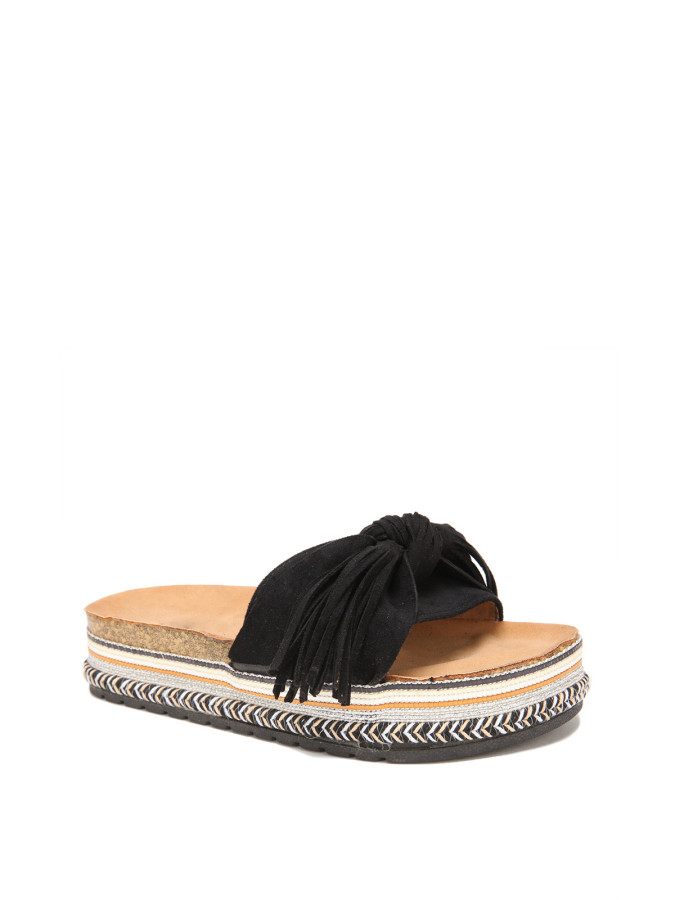 Mules noires à motif ethnique avec noeud et pompon