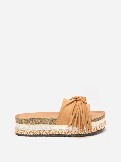 Mules camel à motif ethnique avec noeud et pompon