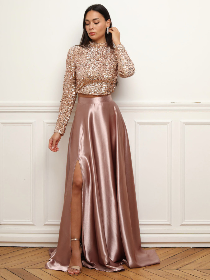 Jupe longue taille haute effet satiné