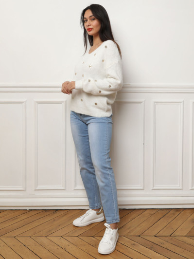Pull col V blanc en motifs sequins