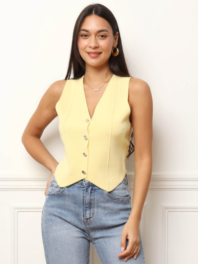 Top boutonné à dos en dentelle jaune