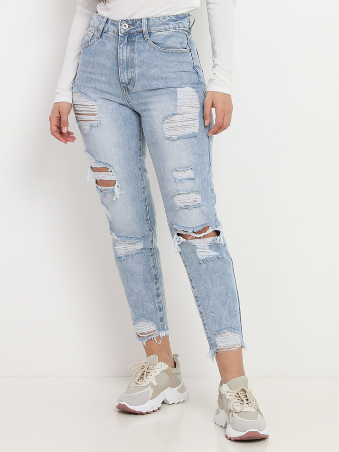 Jeans déchiré bleu clair à taille haute