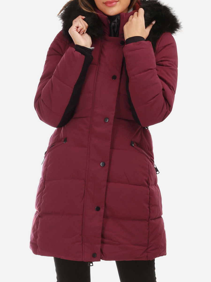 Doudoune bordeaux longue avec fausse fourrure femme pas cher Doudoune bordeaux longue avec fausse fourrure femme pas cher