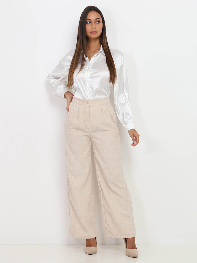 Pantalon large beige en velours côtelé
