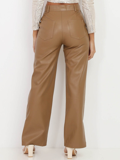 Pantalon large camel en simili à fentes