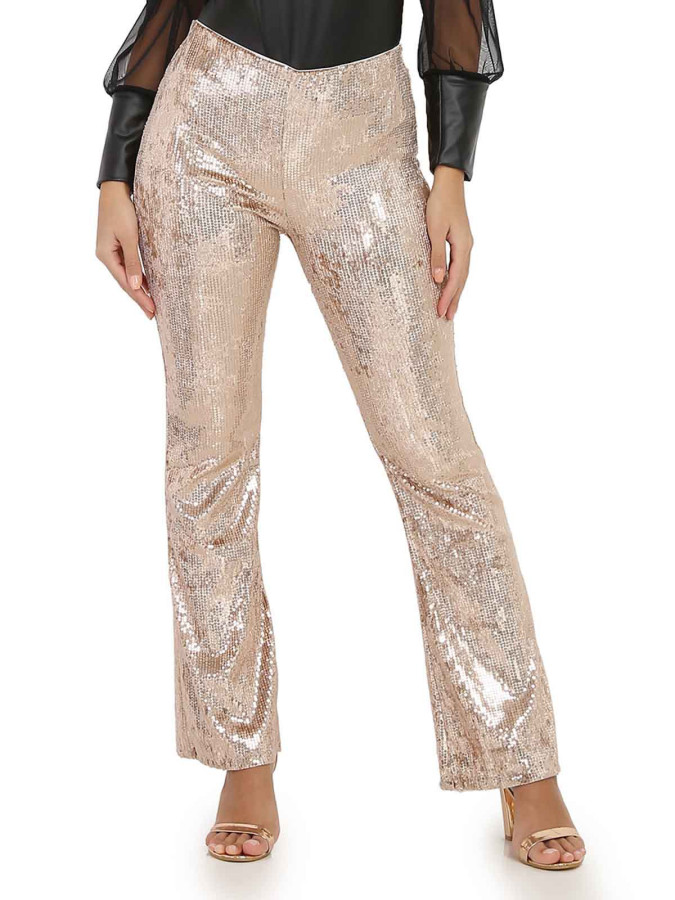 Pantalon doré rose flare à sequins