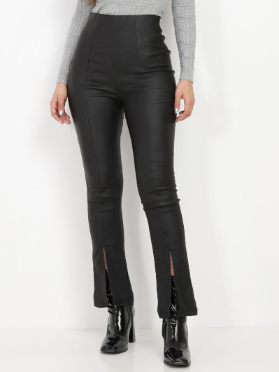 Pantalon taille haute noir enduit à fentes
