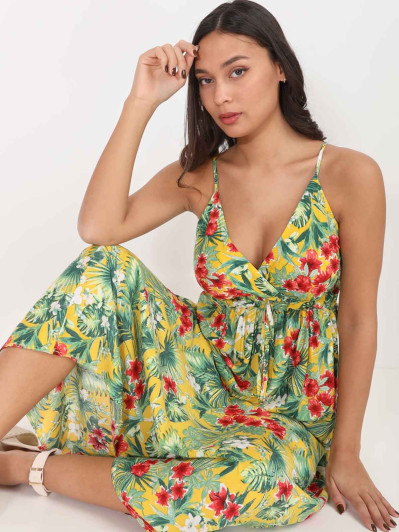 Robe longue jaune à bretelles et motif tropical