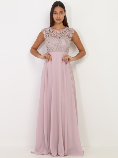 Robe longue taupe à dentelle