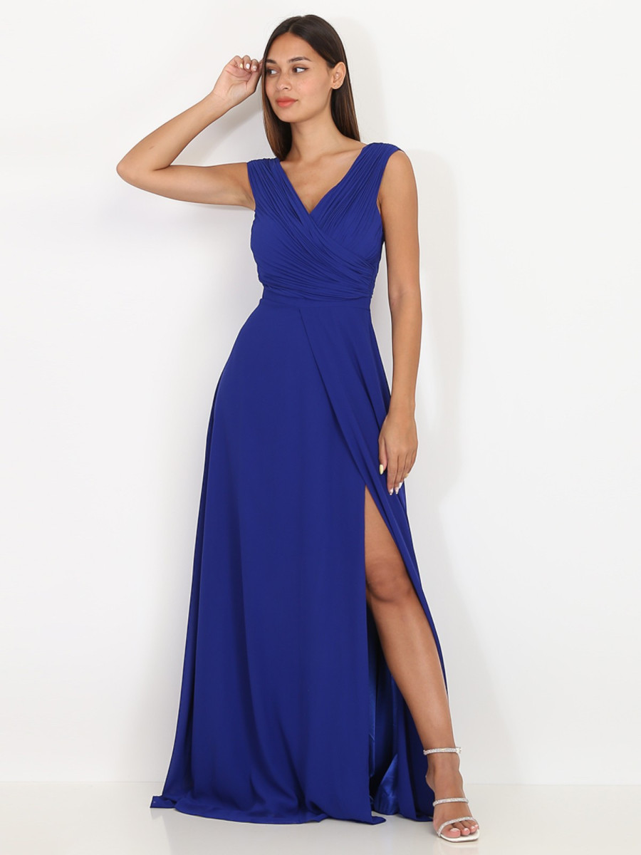 Robe longue drapée bleu roi avec fente Robe longue drapée bleu roi avec fente