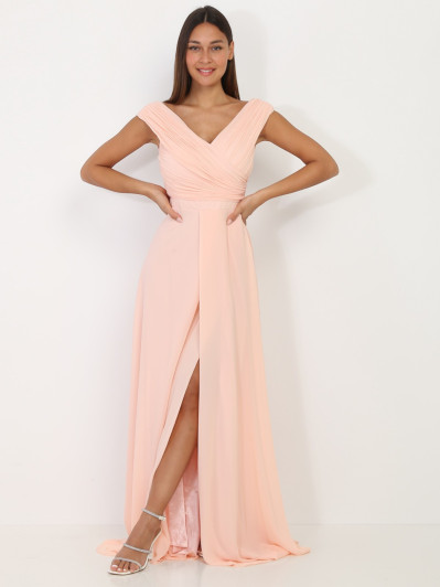 Robe longue drapée rose poudré avec fente