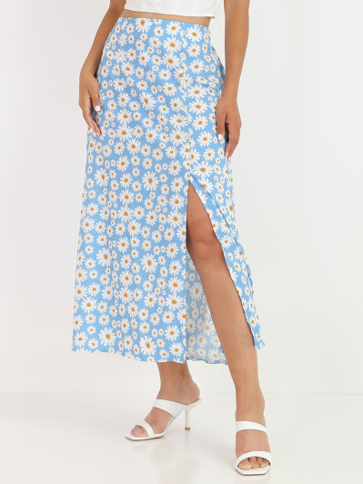 Jupe mi-longue bleue à fleurs