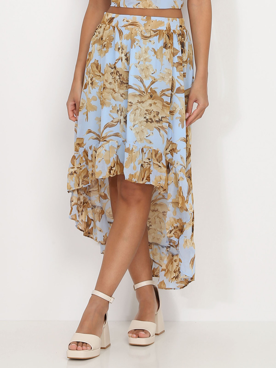 Jupe asymétrique bleu clair à imprimé printanier Jupe asymétrique bleu clair à imprimé printanier