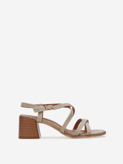 Sandales à talon avec brides en denim taupe