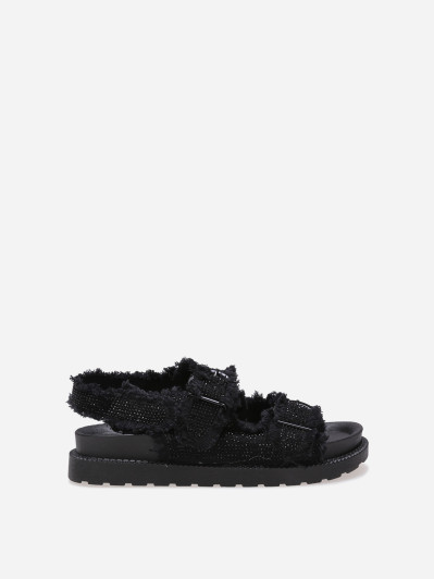 Sandales noires en denim effet destroy et à strass