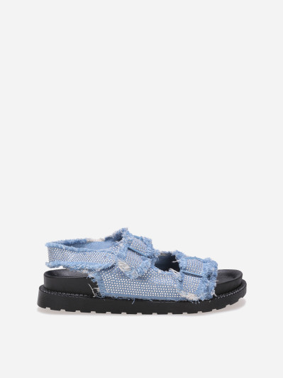Sandales bleues en denim effet destroy et à strass