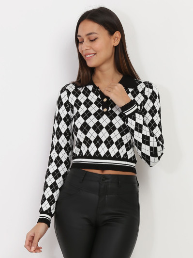 Pull blanc à col Polo en motif losanges
