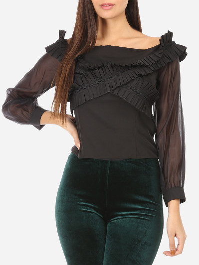 Top noir à col bardot et manches en organza