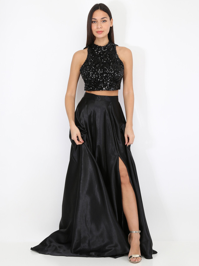 Jupe longue noire taille haute effet satinée