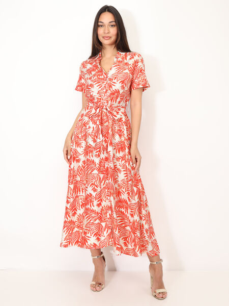 Flared shirt dress with tropical motif