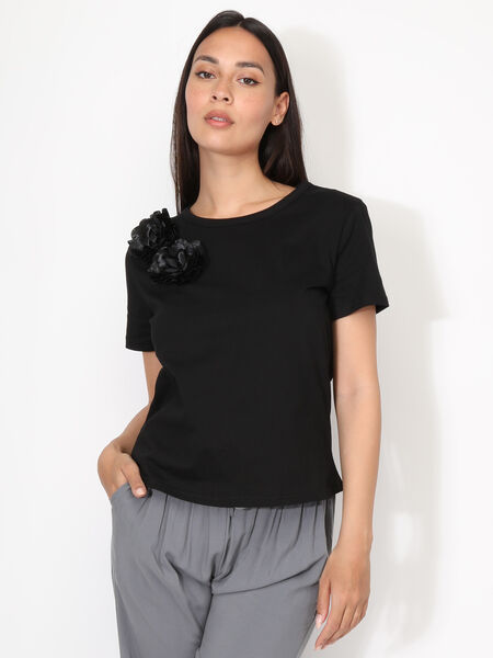 Cotton T-shirt with satin flowers