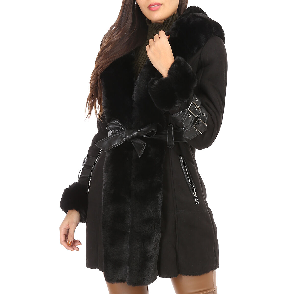 Manteau Manteau noir en suédine et fausse fourrure avec sangles La Modeuse en coloris Noir Femme Vêtements Manteaux Manteaux de fourrure 