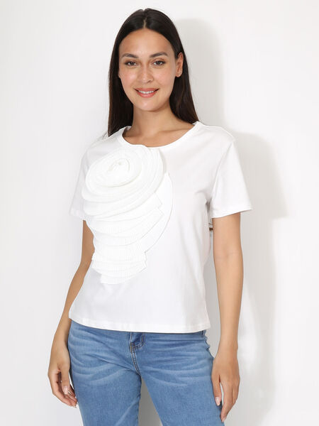 Baumwoll-T-Shirt mit plissierter Blume XXL image number 0