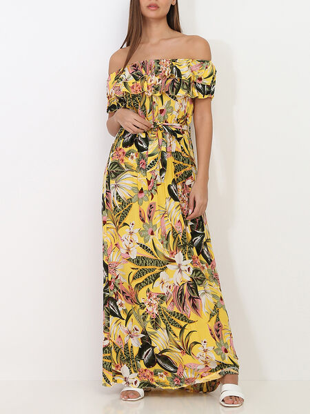 Bardotkragenkleid mit tropischem Blumenmuster image number 0