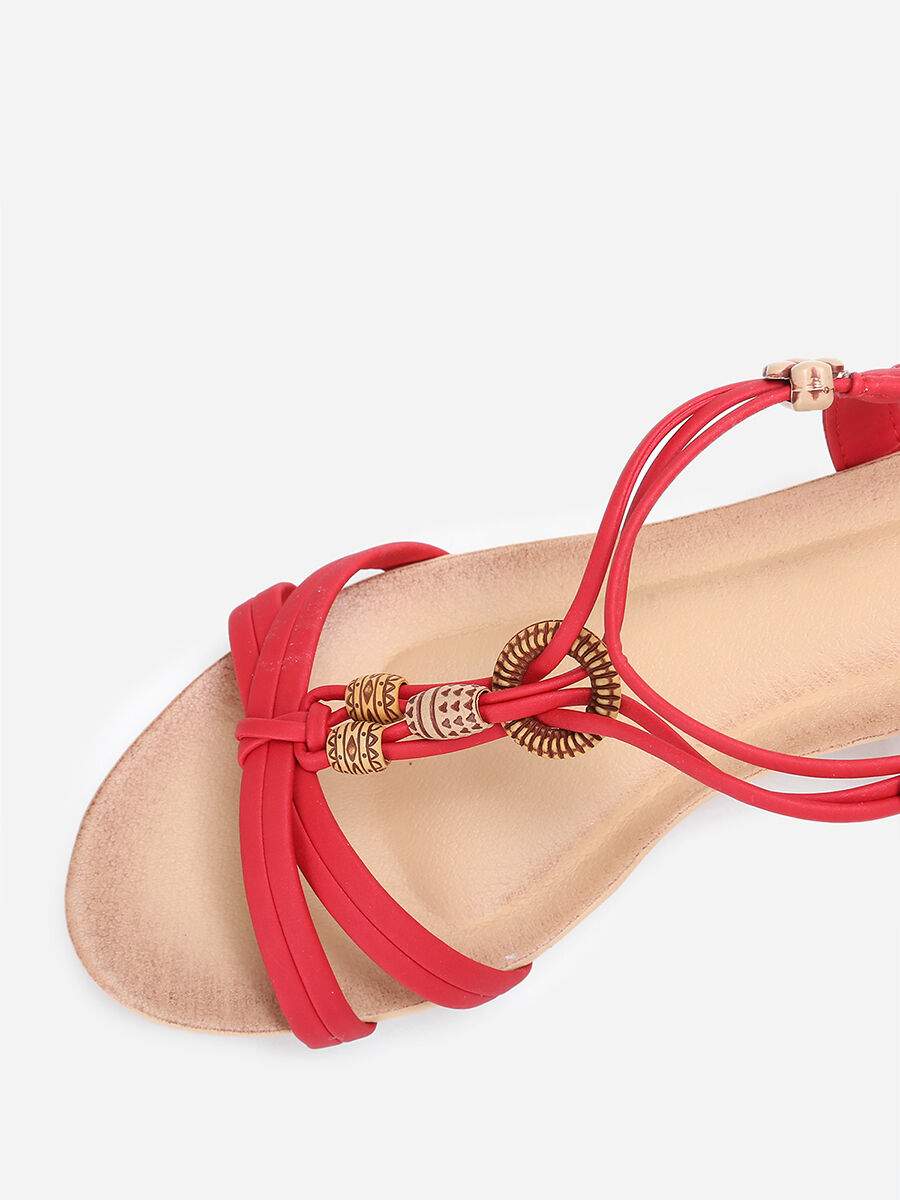 Sandales compensées rouges à perles ethniques Rouge image number null