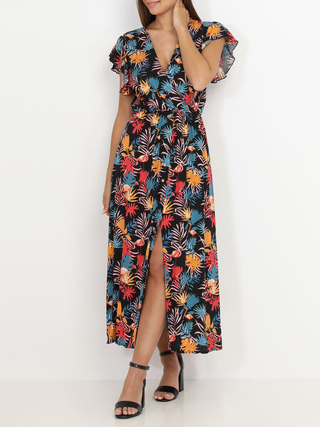 Maxi vestido con estampado tropical y de flamencos image number 0