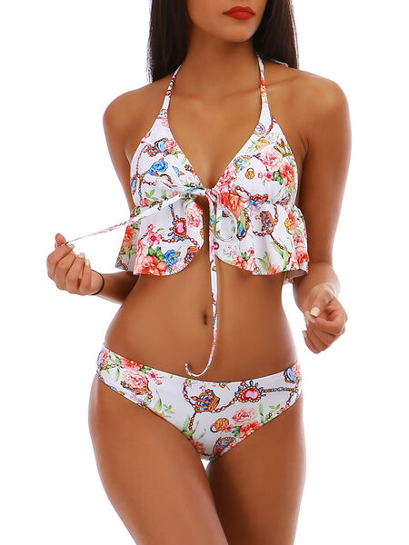 Set bikini con stampa floreale e volant image number 0