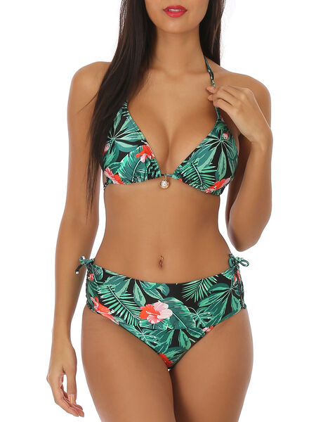 Bikini a triangoli in raso con stampa tropicale image number 0