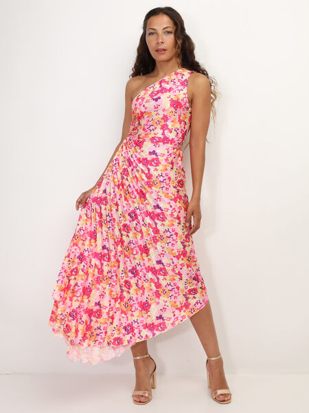 Kleid mit Plissee und Asymmetrie mit Blumenprint image number 0