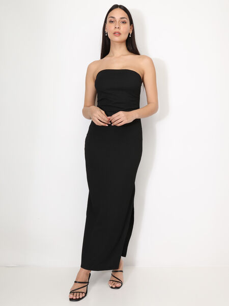 Strapless slit dress with ruching