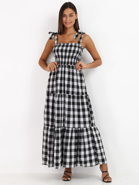 Langes gesmoktes Kleid mit Vichykaro-Muster image number 0