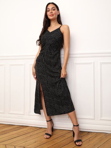 Spot-print ruched and slit dress