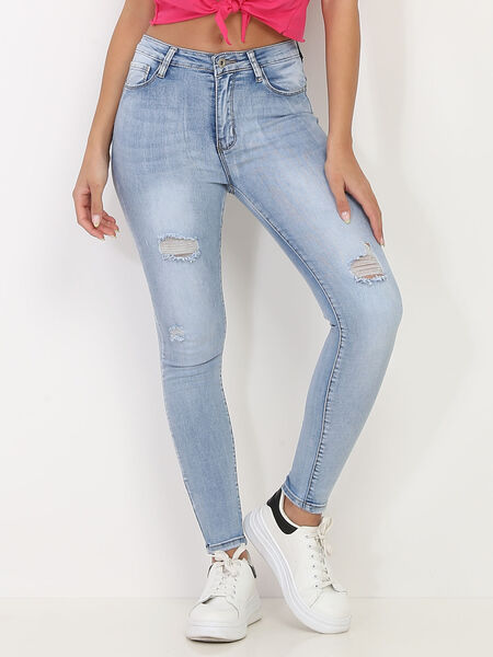 Jeans skinny push-up délavé à trous image number 0