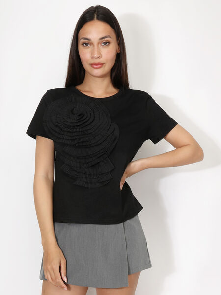 Baumwoll-T-Shirt mit plissierter Blume XXL image number 0