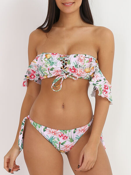 Bikini tropical con volantes y cordones image number 0