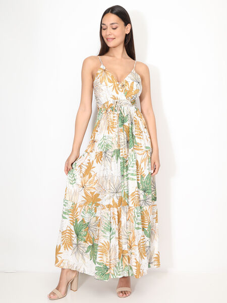 Dress with tropical print and gold sparkle